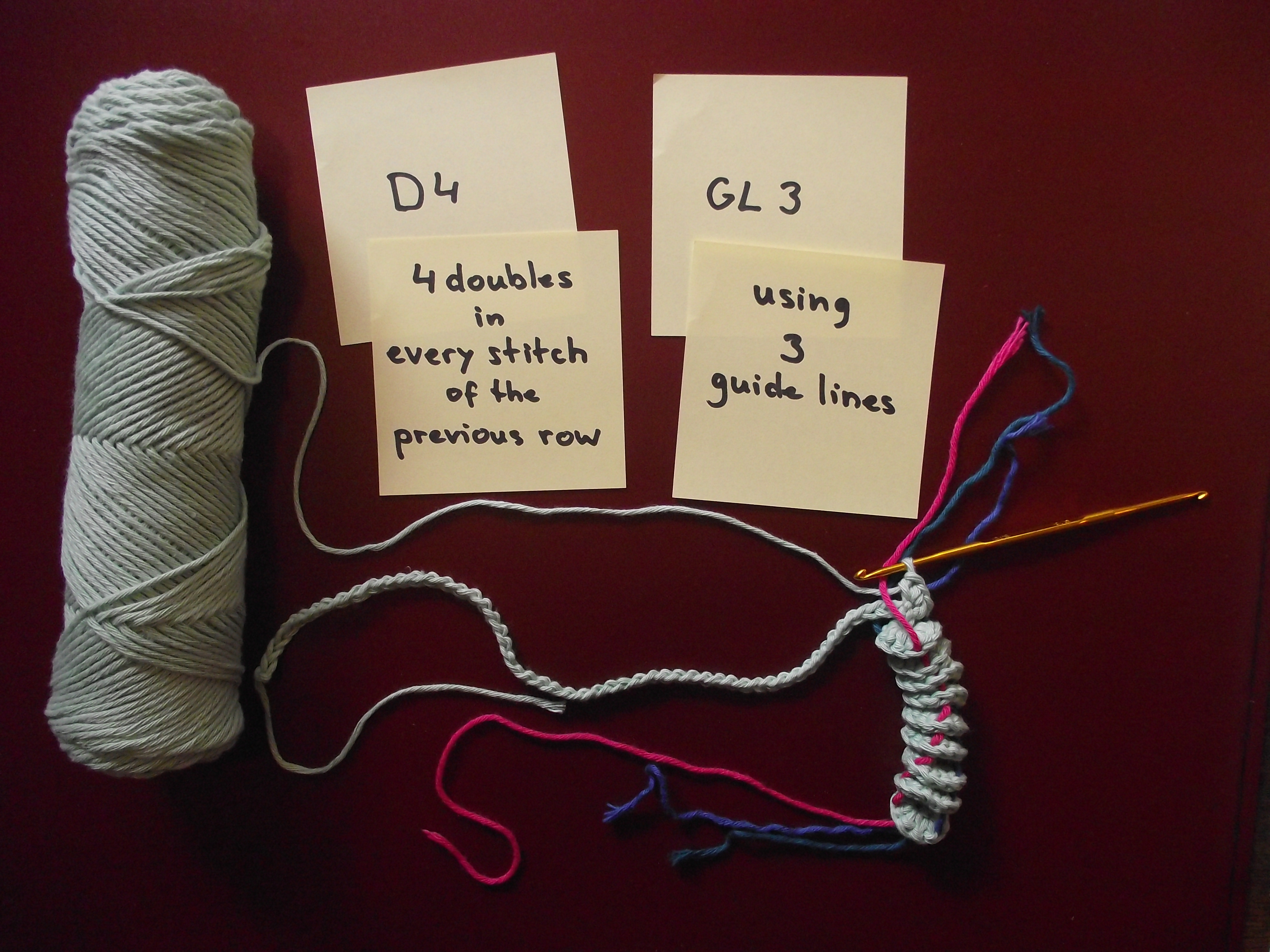 D4 GL3 - 4 Doubles in every stitch, using 3 guide lines - 9 windings done