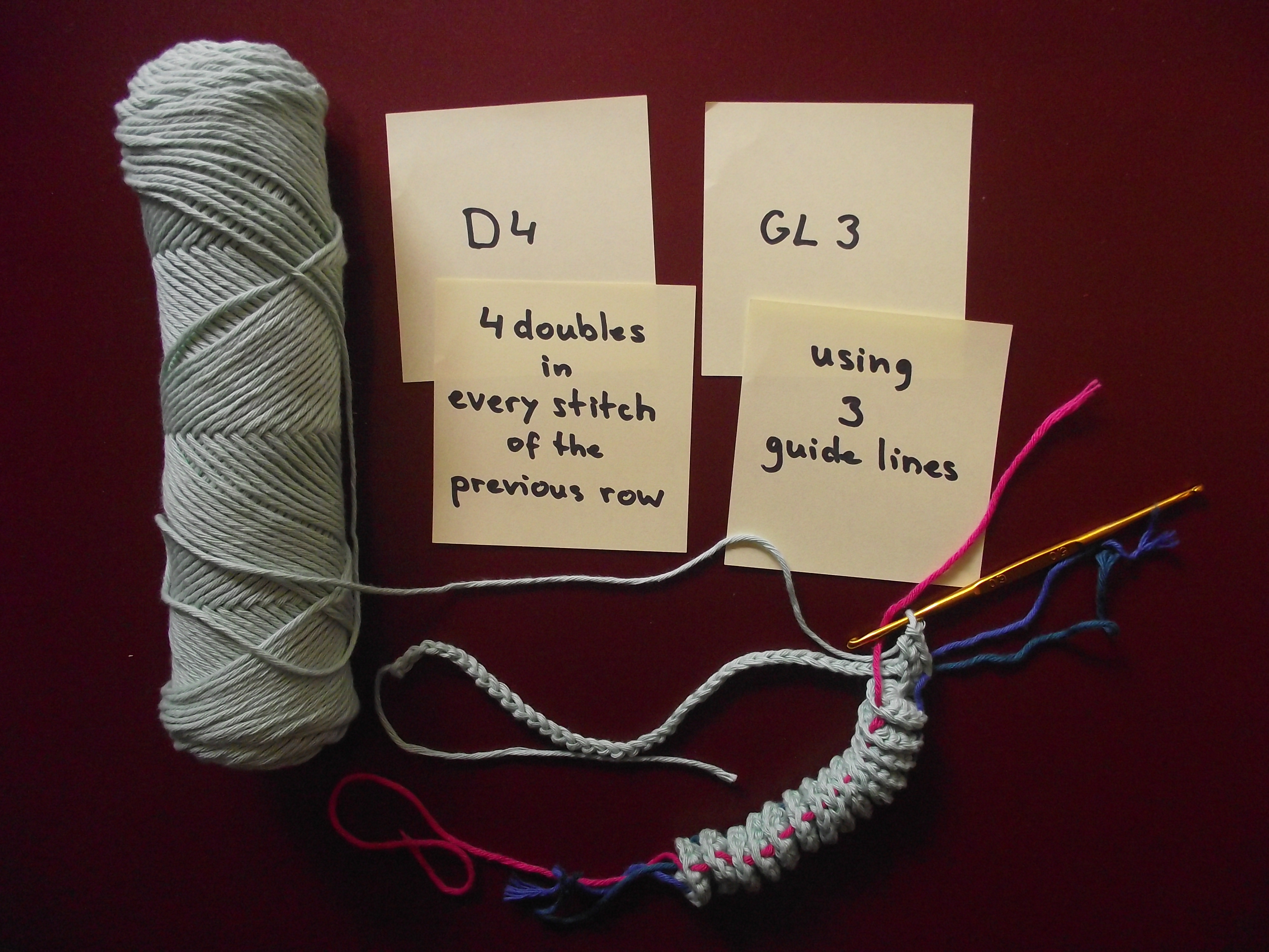 D4 GL3 - 4 Doubles in every stitch, using 3 guide lines - 15 windings done